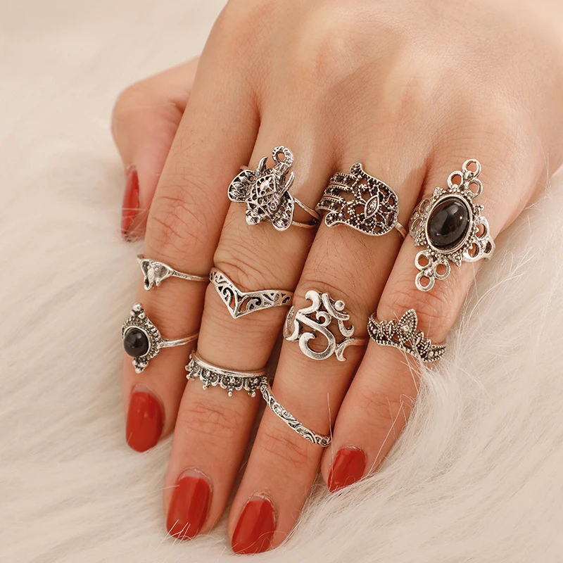 Docona 10 шт. винтажные рандомные полые кольца на пальцы в виде короны Hamsa для женщин