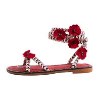2021summer women bohemia ethnic flat sandals ankle strap flowers leisure pink red genuine leathe office lady women shoes size 40
