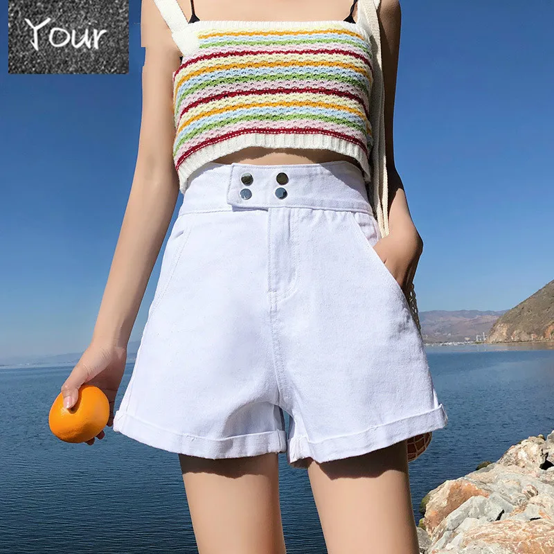 

2021 NEW Summer White High Waist Denim Shorts Large Size Loose Vintage short pants women Wide Blue Jeans For Women Elegant