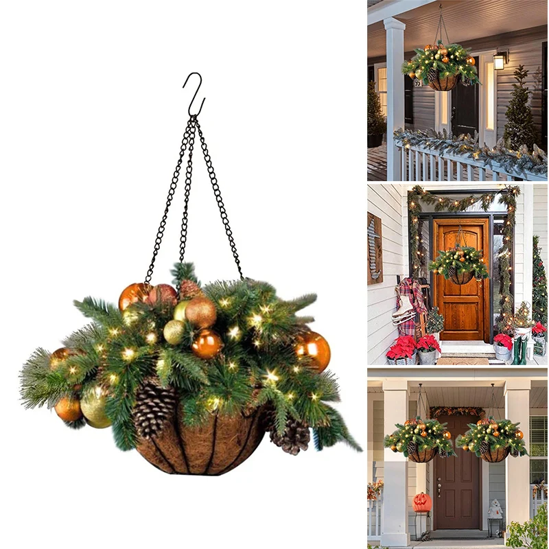 Artificial Christmas Hanging Basket Flocked with Mixed Decorations and LED Lights Ornament Xmas Home Decor Promotion | Дом и сад
