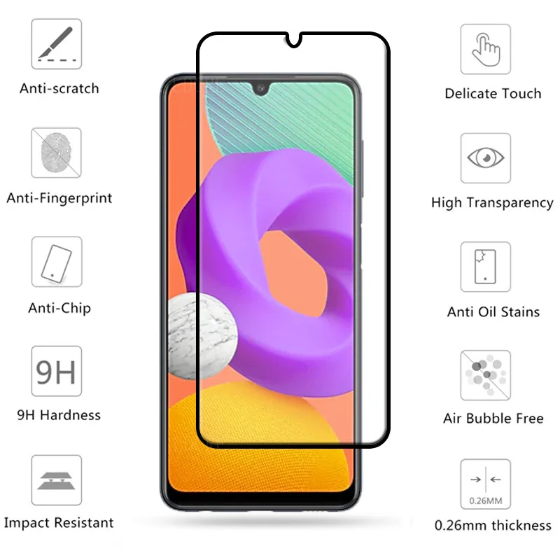 Cubierta completa de vidrio templado para Samsung Galaxy M22, Protector de pantalla para Galaxy M22, vidrio de c&aacute;mara para Samsung Galaxy M22, vidrio de 6,4 pulgadas-1