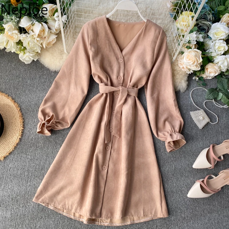 Neploe Французский Ретро тонкий талии на шнуровке лук дизайн Vestido V образным вырезом