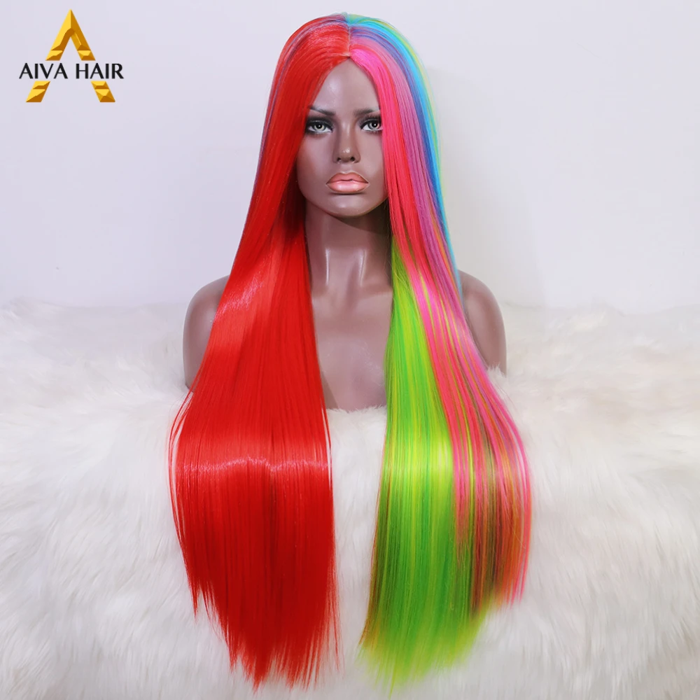 Парик AIVA для чернокожих женщин термостойкий прямой косплея цвет радуги | Шиньоны