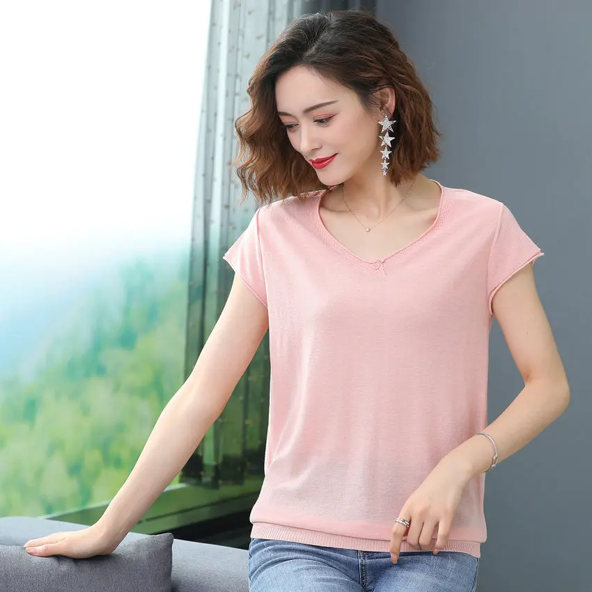 

Minimalist Linen Blouse Women Spring Summer Red Green Blue Black Khaki V-Neck Short Sleeve Flax Knit Top Less Is More Style 2021