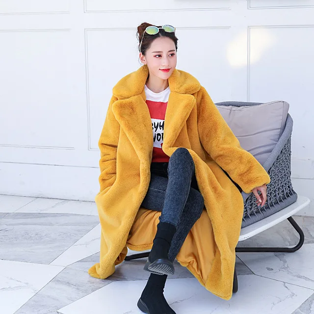 Smooth Liner yellow Зимнее женское качественное пальто из искусственного кроличьего меха, роскошное длинное меховое пальто, свободные пальто с отворотом, толстые теплые женские пальто больших размеров, 414 - Цвет: Smooth Liner yellow