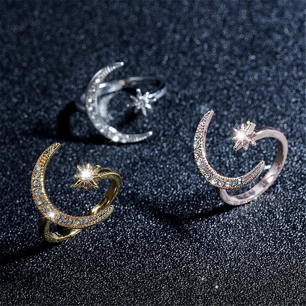 

Fashion Women Rings CZ Zircon Star Moon Ring 2021 Trendy Geometric Gold Silver Color Charm Lady Girl Cubic Zirconia Ring Jewelry