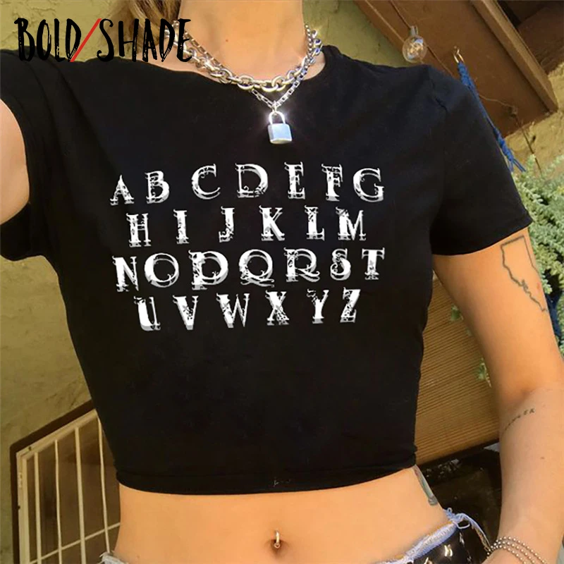 

Bold Shade Grunge Harajuku Letter Print T Shirt Bodycon Indie Aesthetic Short Sleeve Crop Tees Basic y2k Style Streetwear Tees