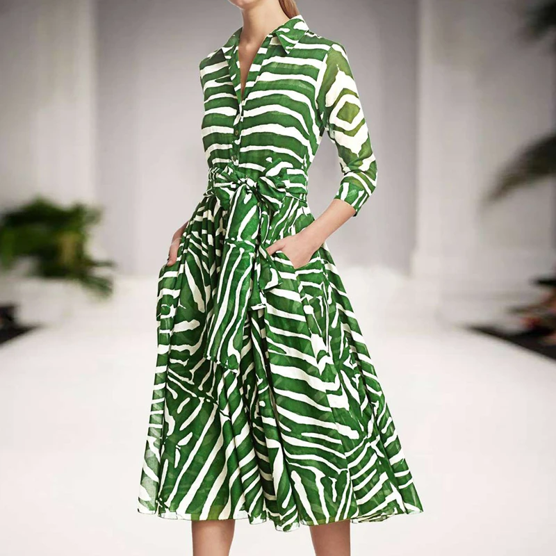 

Runway Bohemian Zebra Print Single-Breasted Belt Slim Fit Temperament Shirt Dress Mid-Length Designer New Women'S Clothing