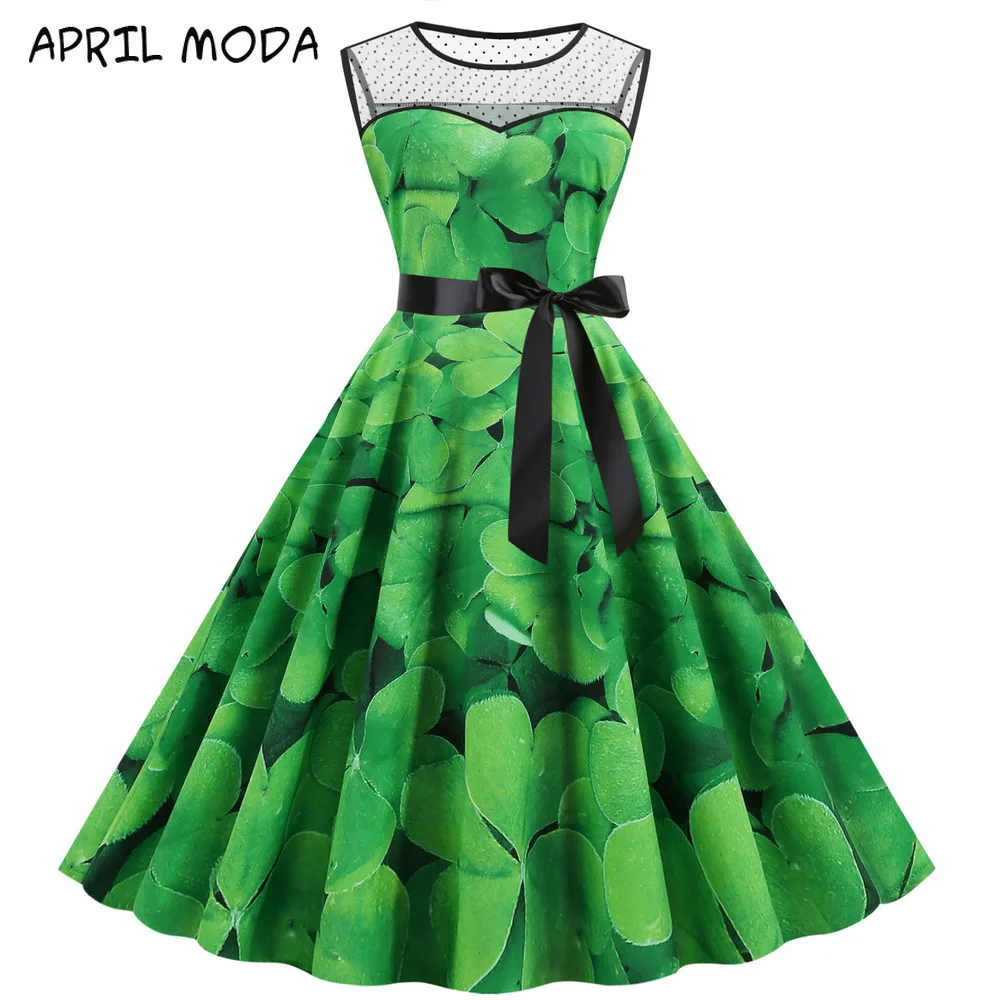 

St. Patrick's Day Dress Women Saint Patrick Parades Irish Shamrock Retro Dress Lucky Four Leaf Clover Print Party Swing Dresses