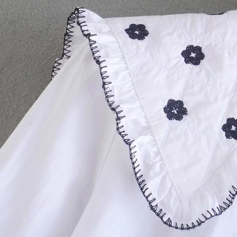 

2021 Women Autumn Vintage Sweet Embroidery White tops blouses Fashion Spring Lapel Collar Office Ladies Shirts Casual Blusas