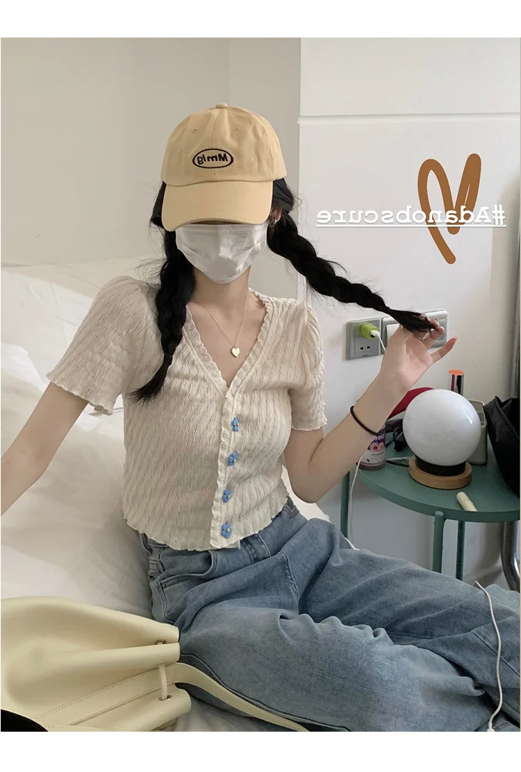 Короткий кардиган в складку для женщин футболка с рукавом женская летняя Милая