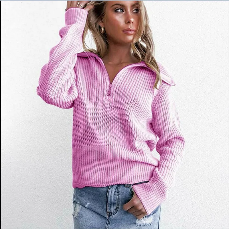 

Womens Sweater Fashion Elegant Pure Color Batwing Sleeve Knitted Sweater Tops Casual Zipper Loose Pullover Tops New 2019 Winter