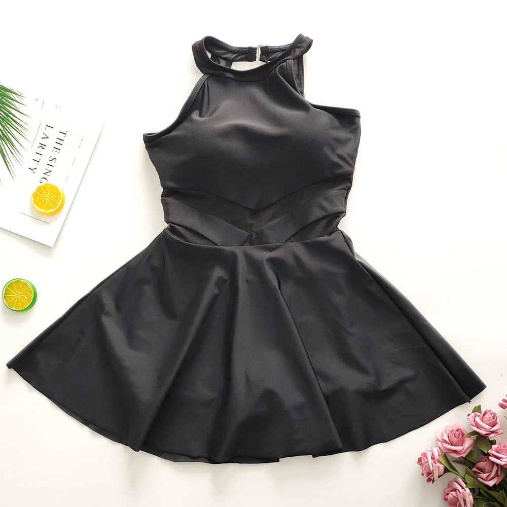 Black Swimsuit Women Summer 2019 High Neck One-piece Swimwear Female Skirt Bathing Suit Padded Push Up Slimming Korean Swimdress
