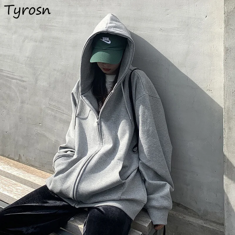 

With Hat Hoodies Women Black Sweatshirts Harajuku Solid Simple Zip-up All-match Hip Hop Fashion Loose Autumn Casual Couples Chic