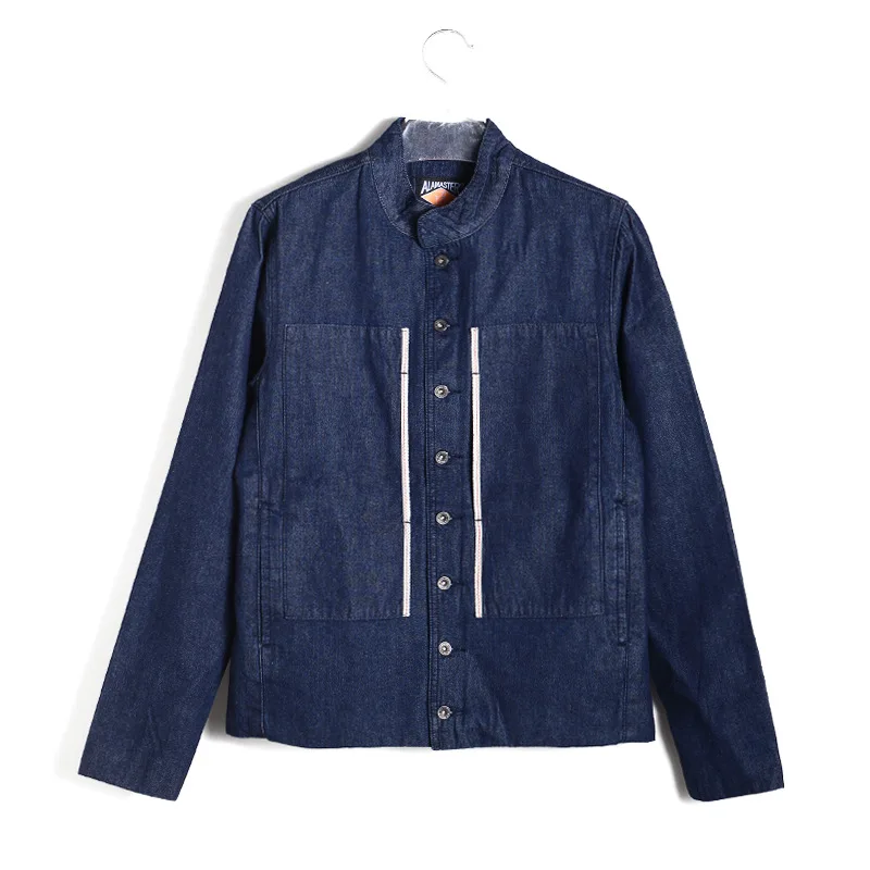 

2021 men's autumn stand collar denim Corduroy lining dark blue jean jacket men pure cotton casual jeans outerwear male