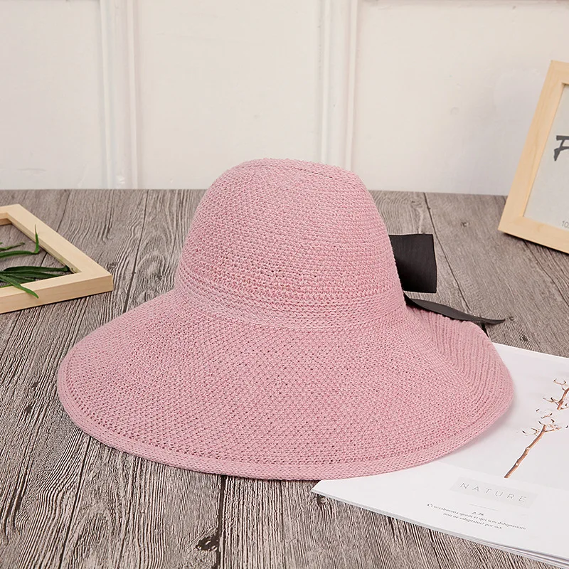 

Woman Sun Hats Female Bowknot Visor UV Protection Wide Brim caps Hand Made Weave Straw Summer Cap Shade Hat Empty Top Beach Hat