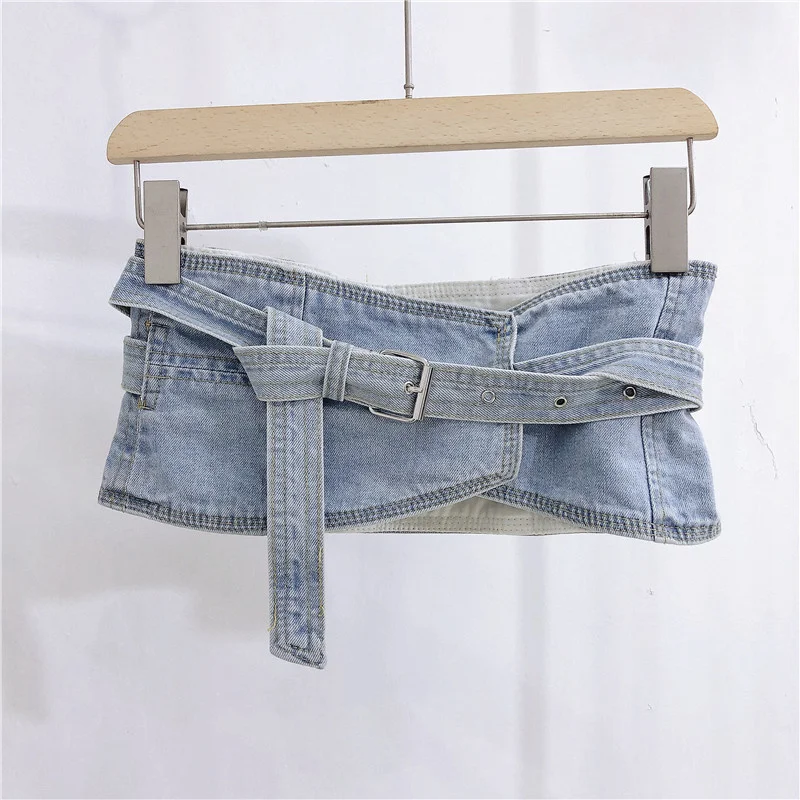 

2021 spring Korean version loose design sense minority foreign style Lantern Sleeve Shirt female + denim waist cover two-piece