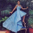 Красивейший Высокий Низкий платье для выпускного вечера пикантные Цвет Небесно-голубой; Кружевные Junior вечерние платья