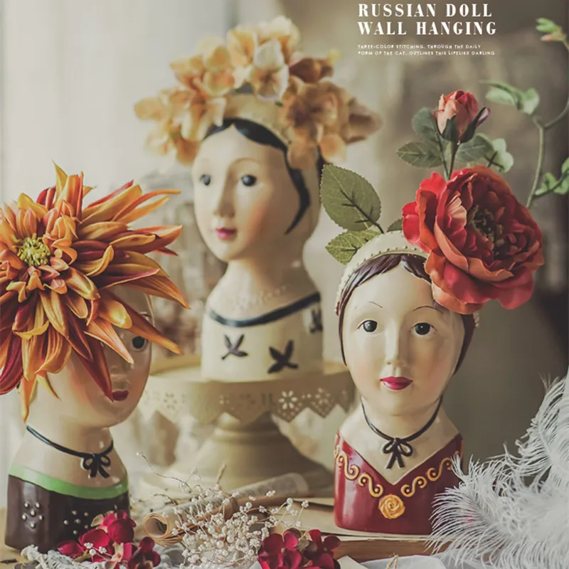 

Painting Russia Doll Flower Pot Hand-painted Doll Head Resin Vase Girl Creative Green Plant Desktop Garden Decoration R4529