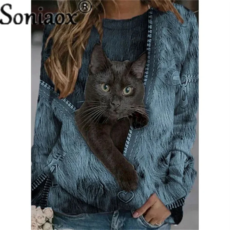 2021 Fashion Women Round Neck Pullover Cat Long Sleeve T-Shirt Casual Printed Autumn Cotton Long Ladies Shirt Loose Street Tops