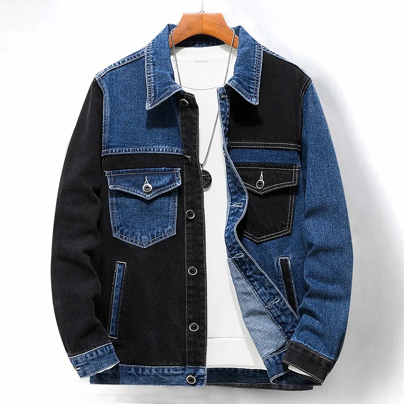 

Brand Men Clothing Splicing Denim Jacket Blue Black Color Mixing Personality Fashion Male Jeans Jacket Coat Plus Size M-5xl