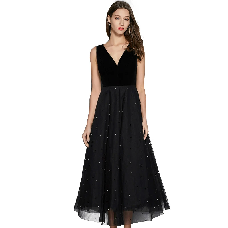 

2020 Summer Elegant Black Mesh Dress Women Deep V-neck Sleeveless Sheer Dress for Wedding Party Big Swing Sexy Sequin Sun Dress