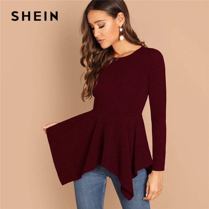 SHEIN Однотонный Топ С Асимметричным Низом И Молнией Женская Черная Классическая Блузка С Длинными Рукавами