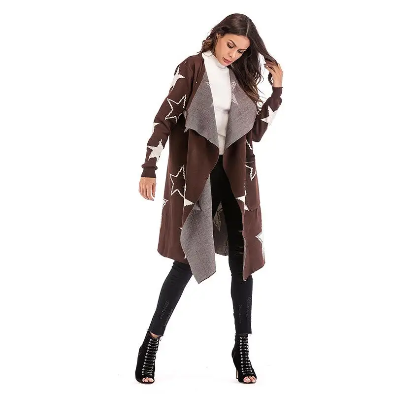 Женский длинный рукав принт со звездами Длинные кардиганы европейский стиль