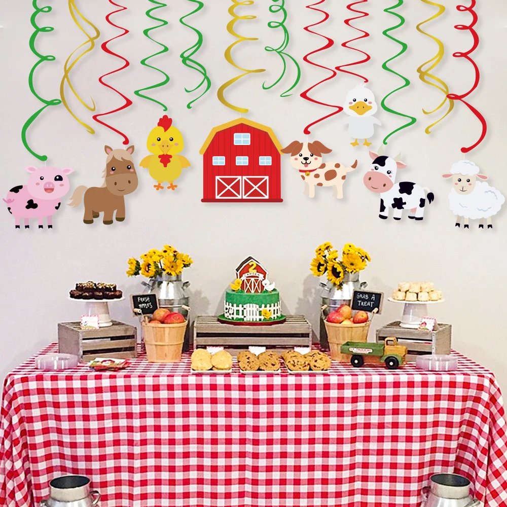Farm Animals PVC Spiral Hanging Swirls Party Decorations Paper Plate Cup Napkin Cow Pig Cards Kid Birthday Favors Supplies | Дом и сад