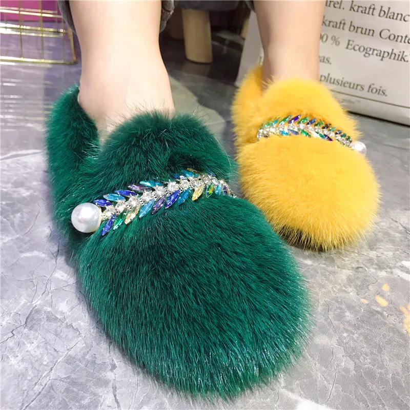 2021 Fashion Warm Mink Fur Women Flats Winter Shoes Outside Loafers Colorful Rhinestone Decor Walking Flat Shoes