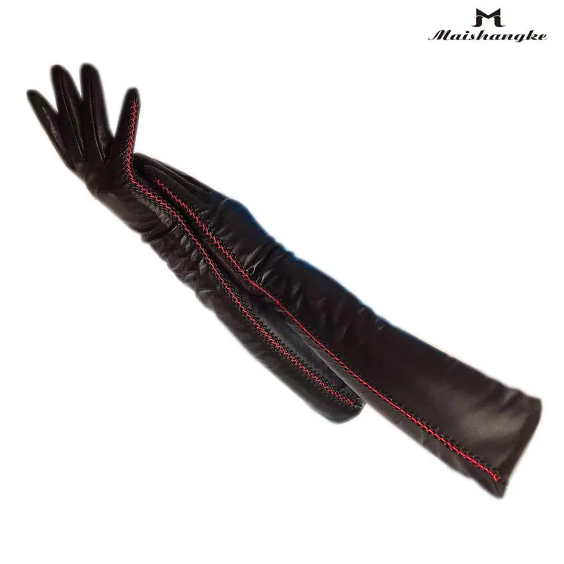 

Winter Ladies Sheepskin Long Gloves Arm Sleeve Fashion New Sheepskin Leather Winter Fully Lined Gloves Long Warm Thick Black Dri