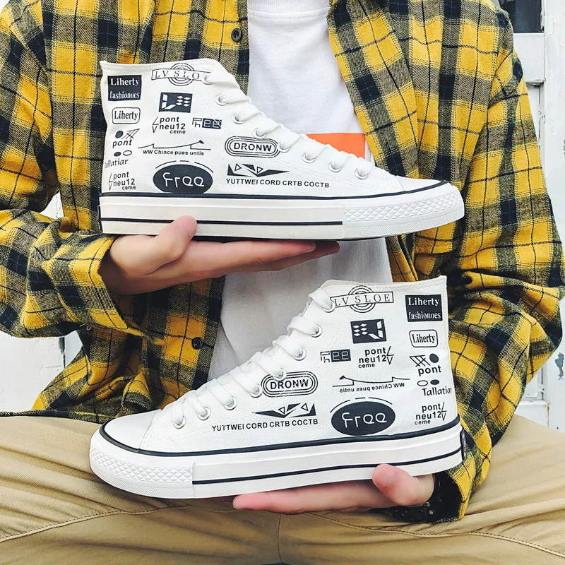 

Men Casual Shoes Flat Fashion Graffiti Lace Up Autumn Spring Canvas High Top Sneakers Male Non-slip Breathable Comfortable
