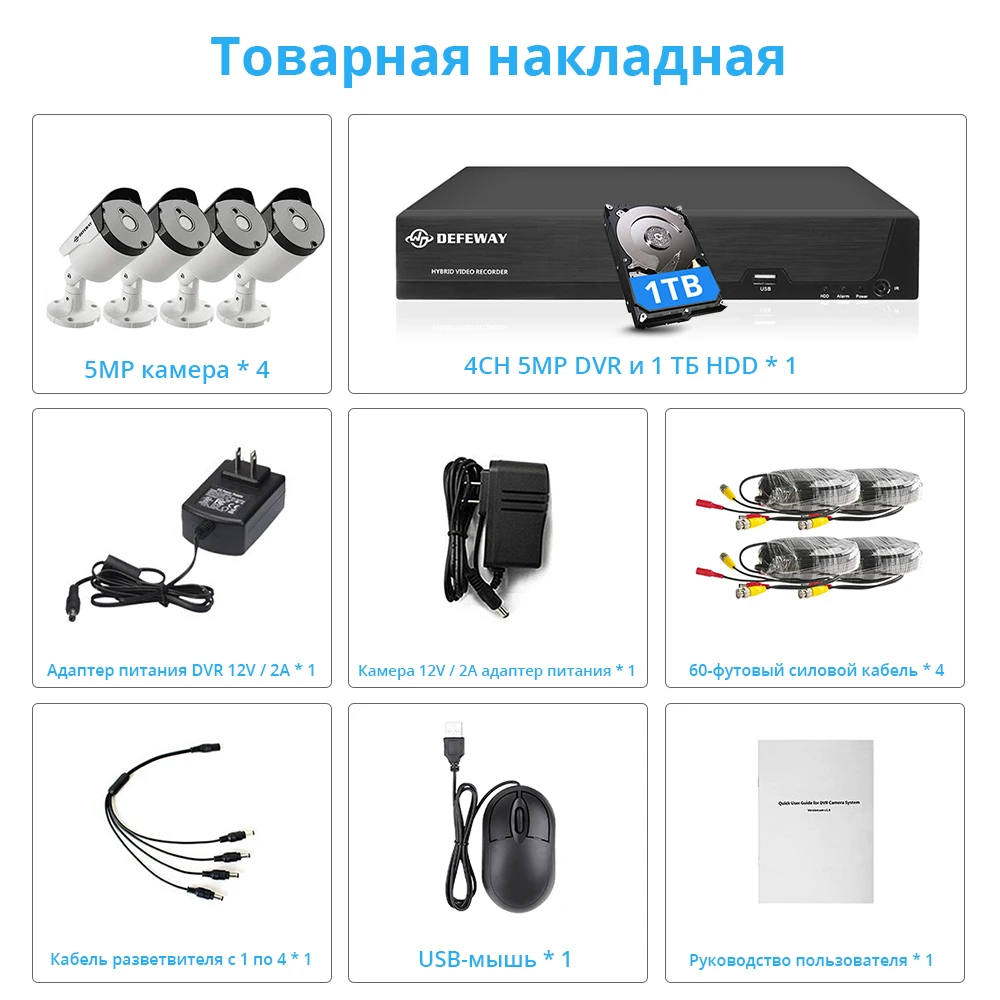 DEFEWAY Video Surveillance 4 Channel HD 5.0MP H.265+ Outdoor Indoor CCTV Security Camera System 4 Camera with 1TB Hard Drive