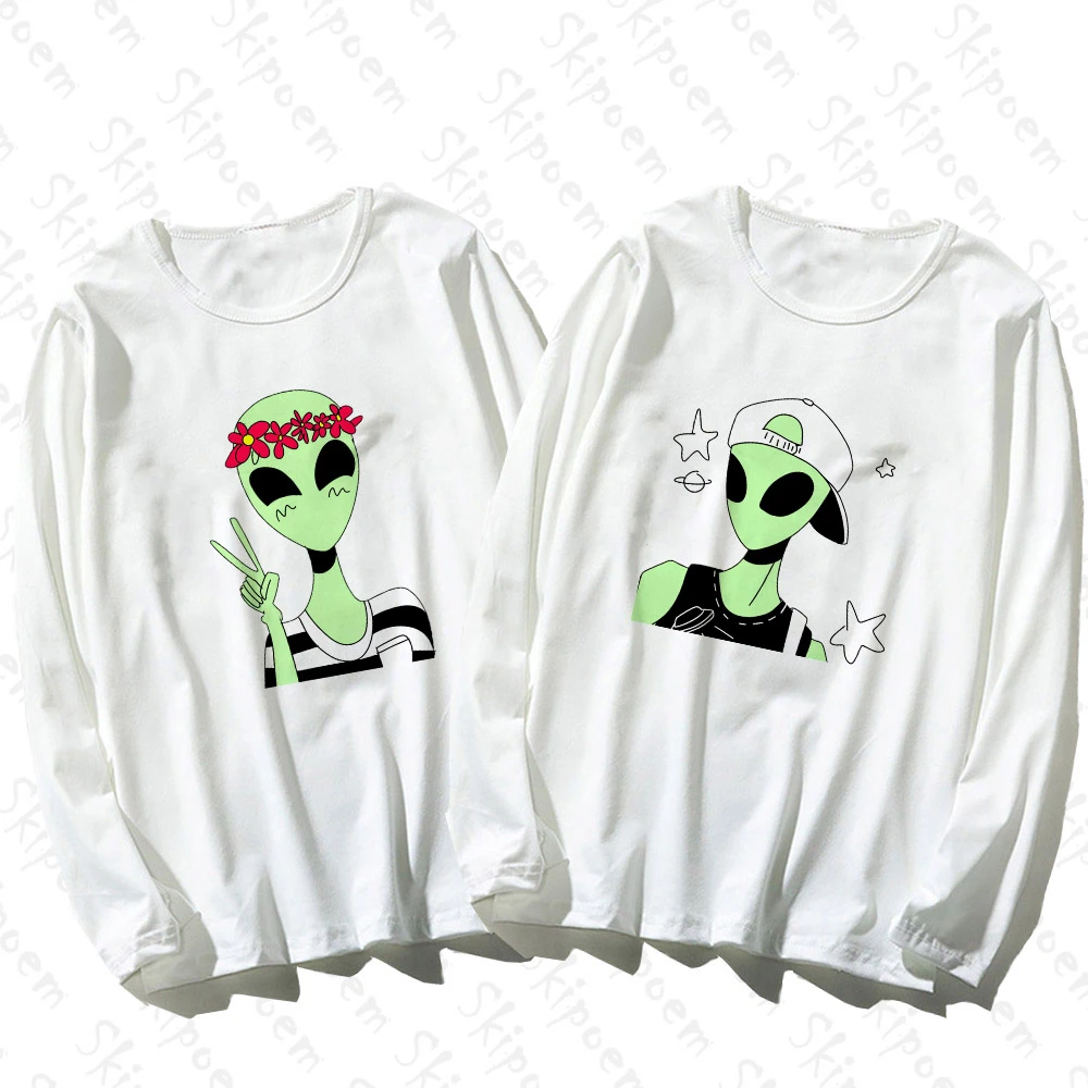 Костюм для пары зеленая футболка с инопланетянами женская в Корейском стиле Harajuku