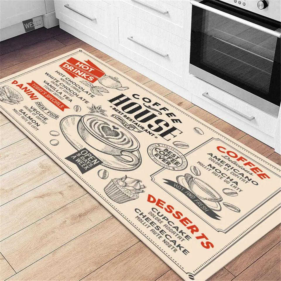 

Cute Coffee Pattern Non-slip Kitchen Floor Mat Super Absorbent Floor Mat Long Bathroom Mat Flannel Fabric House Entrance Mat