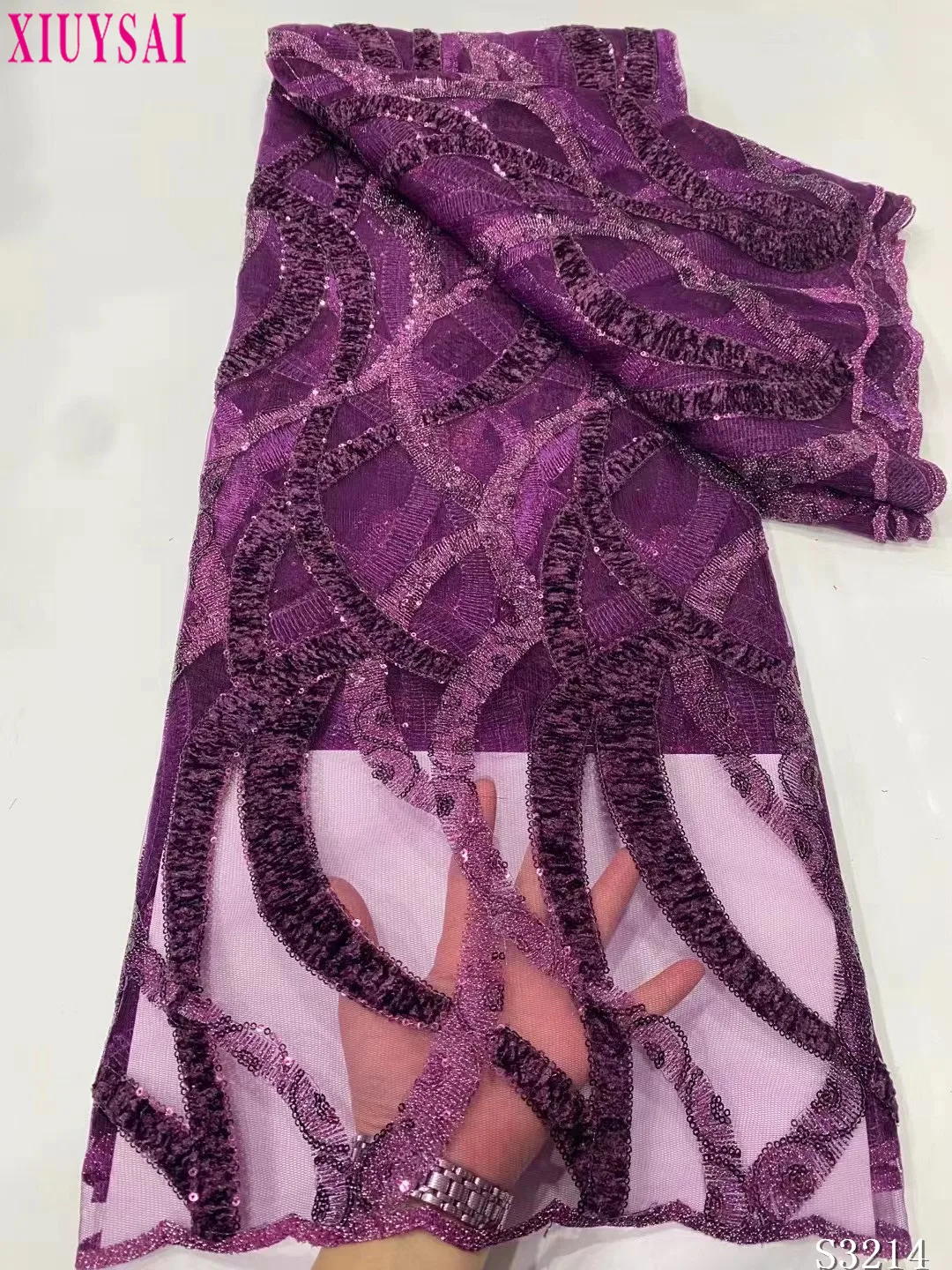 

African Lace Fabric Purple Velvet Tulle Lace Fabric Embroidery French Lace Fabric With Sequins For Wedding Party Dress