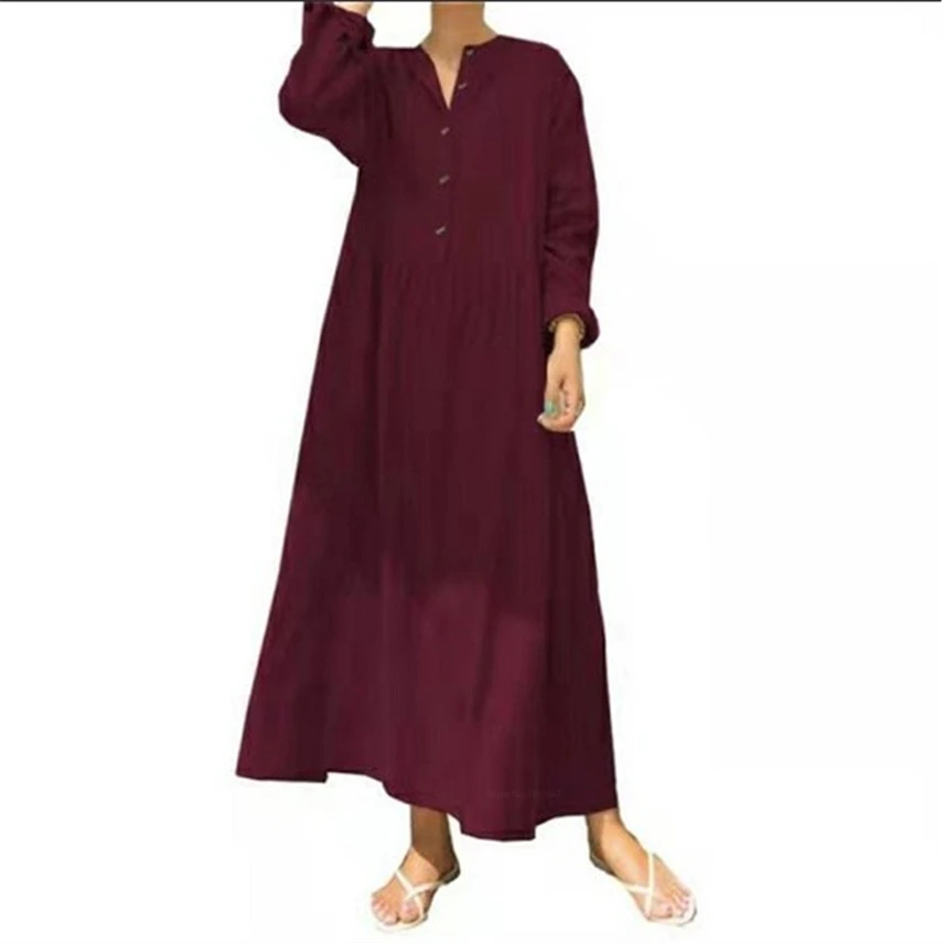 

Casual Muslim Fashion Cosplay Costume Women Retro Loose Linen Button Stand Collar V Neck Dubai Arab Islamic Clothing Maxi Dress