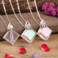 natural aura white quartz stone diamonds shape perfume bottle pendant necklace women plated crystal stone oil bottle necklace