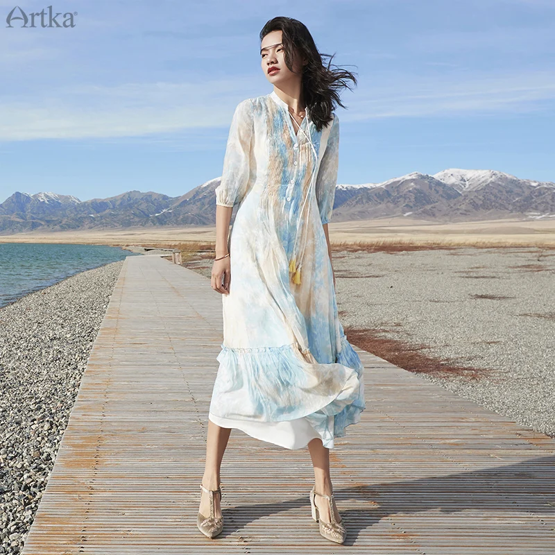 ARTKA винтажное длинное платье с V образным вырезом и градиентным принтом для
