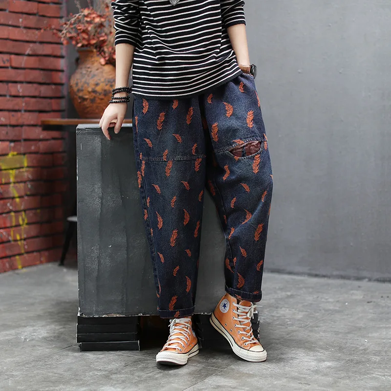 Женские джинсы в стиле ретро с вышивкой листьев винтажные эластичной резинкой на