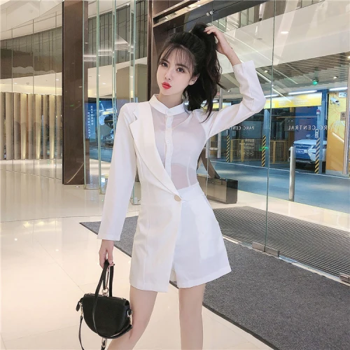 

Korean Rompers Woman Short Jumpsuits Patchwork Combinaison Femme Sexy Summer Womens Short Romper Full Sleeve Bodysuit Salopette