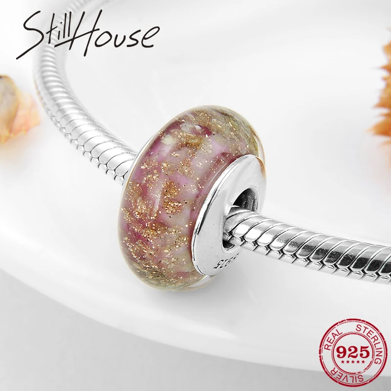 Горячие 925 пробы серебряные мерцающие золотистые и розовые муранские стеклянные