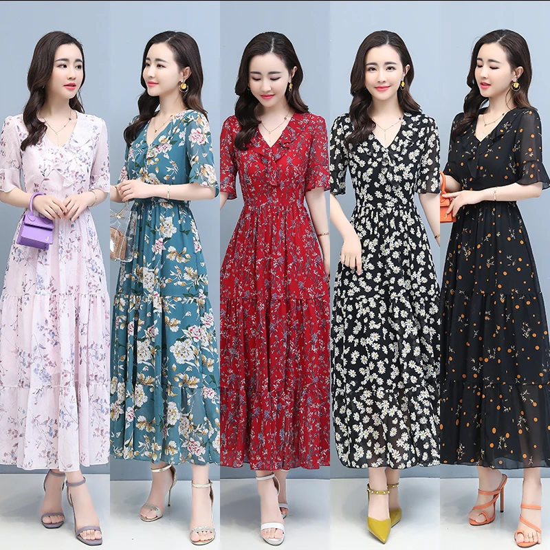 

Female Beach Summer Dress Women V-Neck Short Sleeve Floral Print Long Chiffon Dresses M-3XL