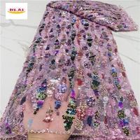 new arrival african lace fabric 2021 pink glitters tulle lace beaded nigerian lace fabric embroidered lace for wedding na4540b 2