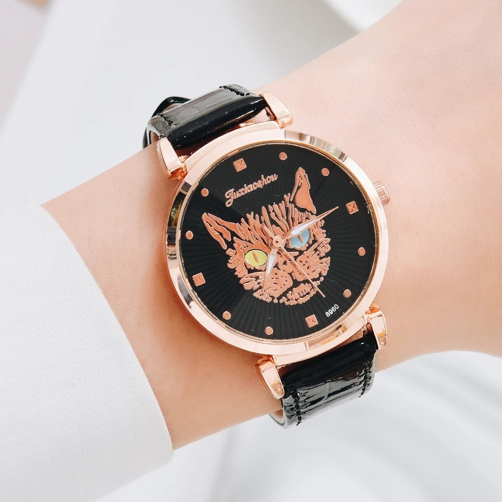 

Fashion Watch Women Leather Watch Unique Cat Pattern Ladies Simple Quartz Bracelet Wristwatch Women Black Clock Relogio Feminino