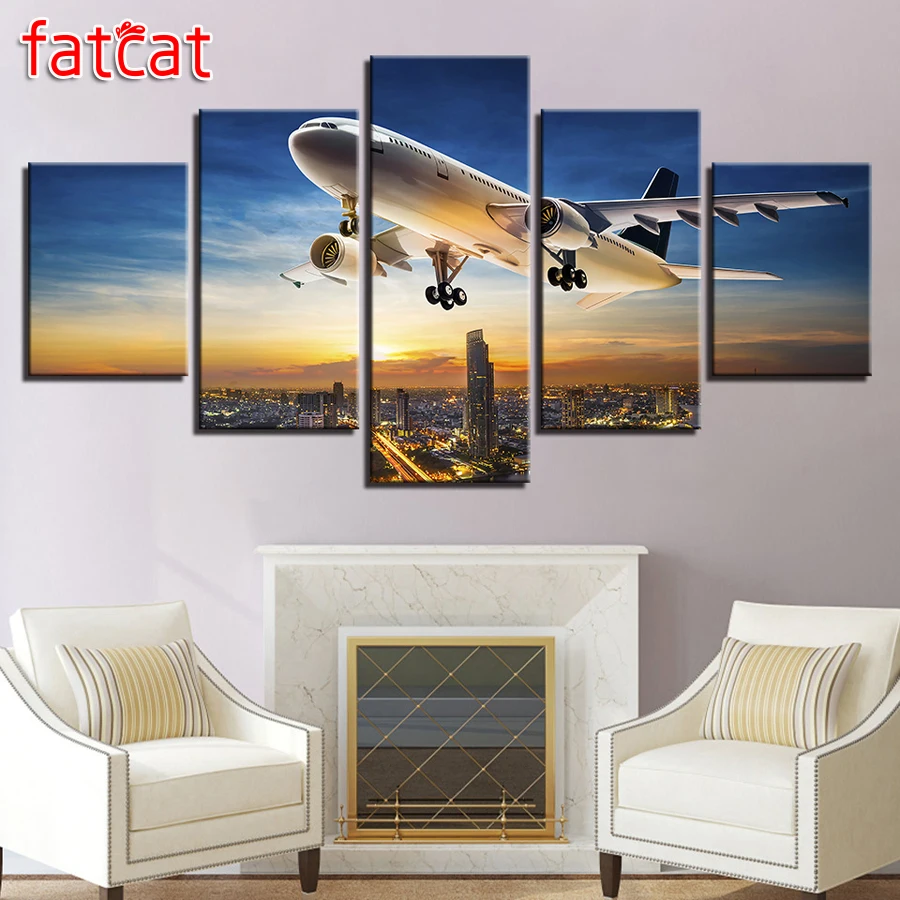 FATCAT 5D Diy Алмазная картина самолет фотографии стены искусства рамки 5 шт. закат