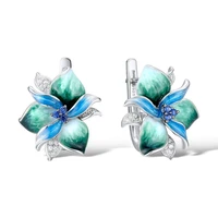women trendy jewelry green enamel flower silver clip earrings with aaa zircon stone delicate bohemia wedding engagement earrings