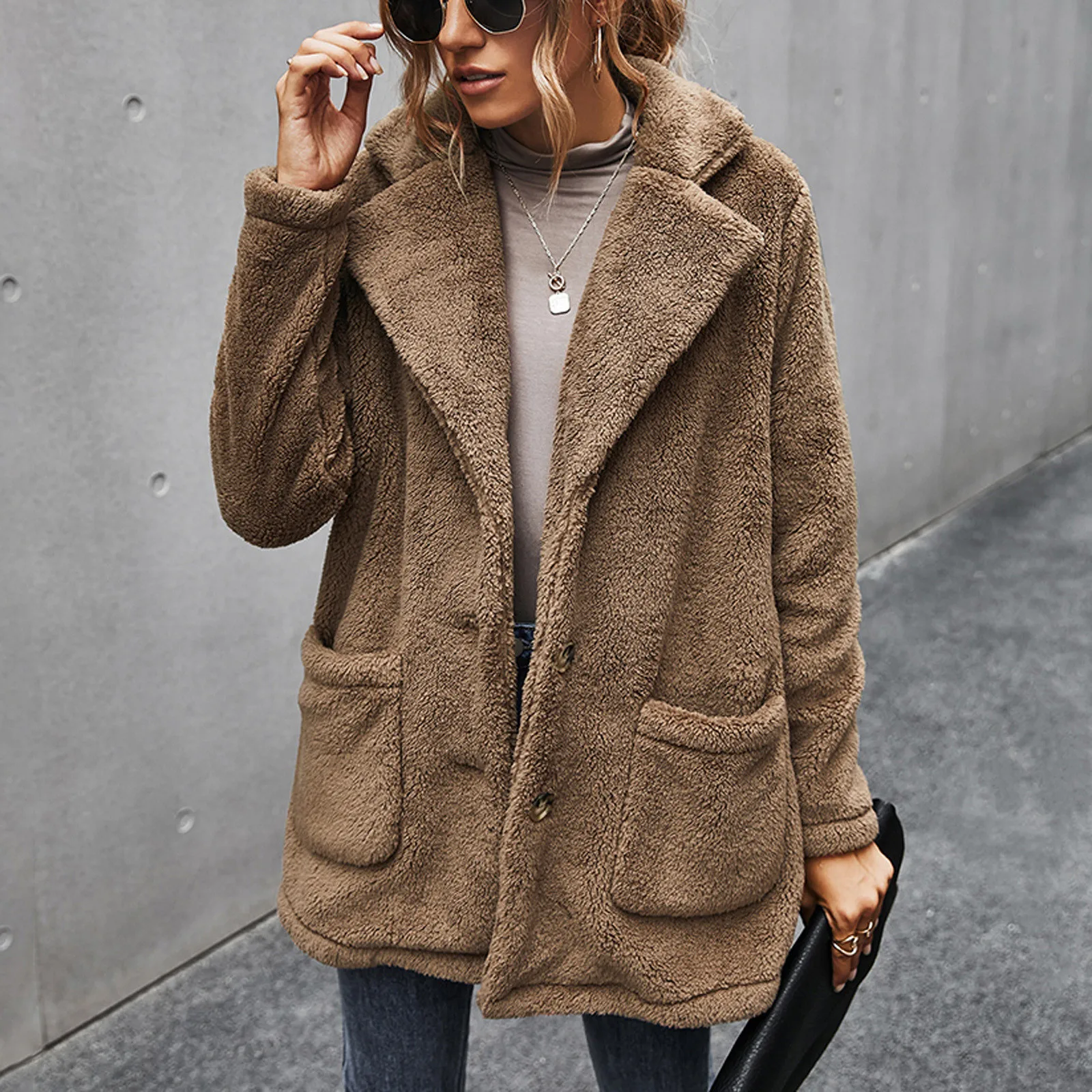 Осенне-зимняя женская куртка однотонное флисовое пальто с карманами и длинными