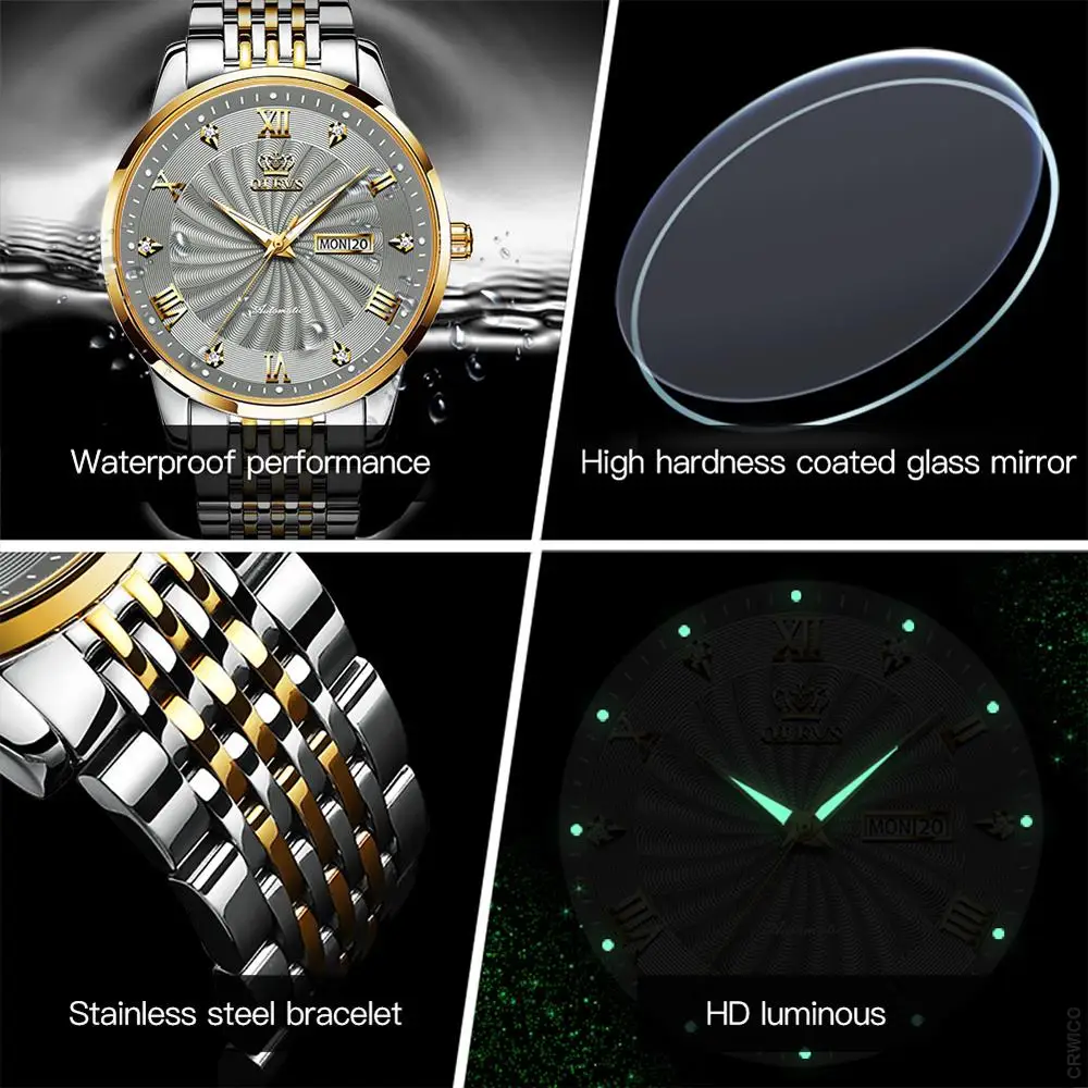 OELVS Couple Watch Luxury Automatic Mechanical Stainless Steel Waterproof Luminous Hands Clock relogio masculino Lovers Gift