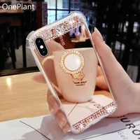 luxury rhinestone mirror crystal case for iphone 11 12 13 pro x xr xs max 6s 7 8 plus se2020 cover 3d pearl ring holder diamond